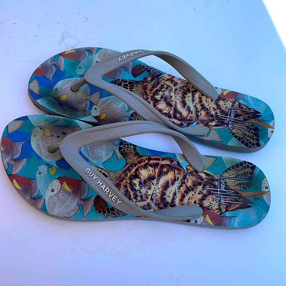 Guy Harvey turtle and fish print flip flops